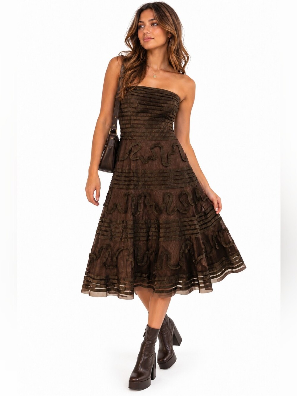 Women's BCBGMAXAZRIA Brown Strapless Midi Dress MP, Y2K